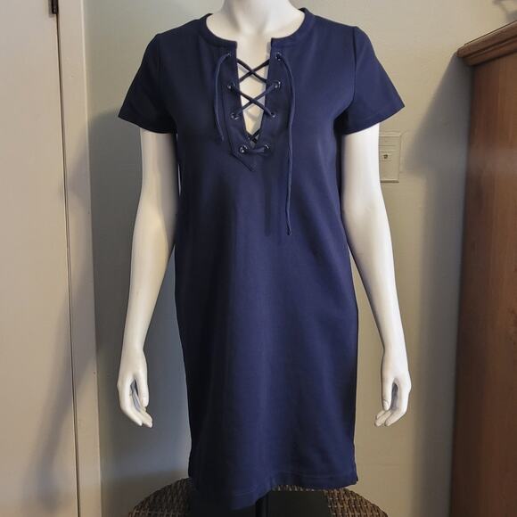 J.Crew Navy Lace Up Front Shift Dress Womens Small Short Sleeve Cotton Blend - Picture 1 of 10